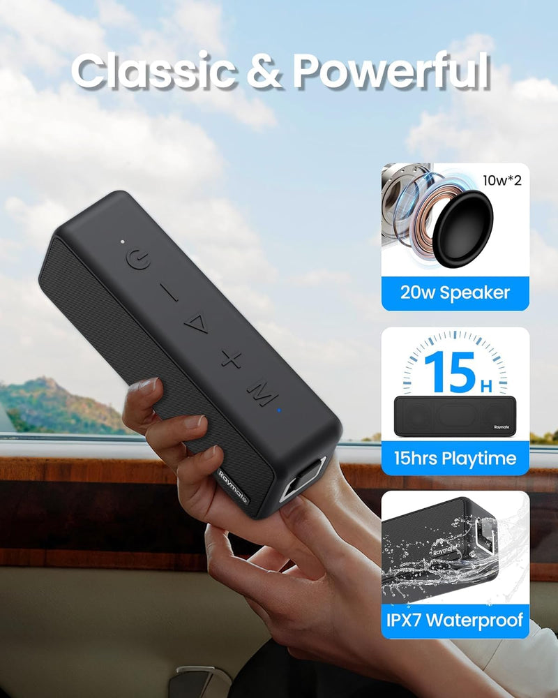 Raymate Bluetooth Speakers, 20W IPX7 Waterproof Speaker Wireless Bluetooth-V5.0, HiFi Stereo Sound, 1000mins Playtime, Portable Speaker for Home, Outdoor, Party Black