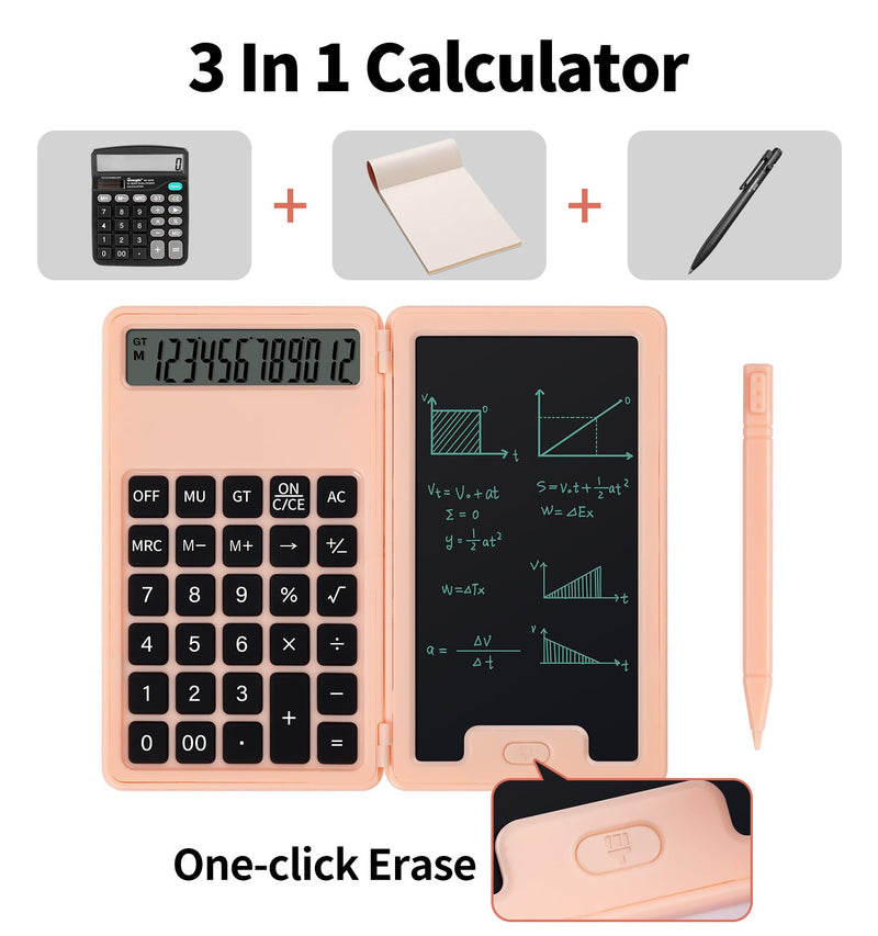 Desk Calculator, Portable Calculator with Notepad, Basic Calculator with Writing Tablet, 12 Digit Large Display Calculators with Stylus, Multi-Function Calculator for Office, School & Home(Pink) Pink