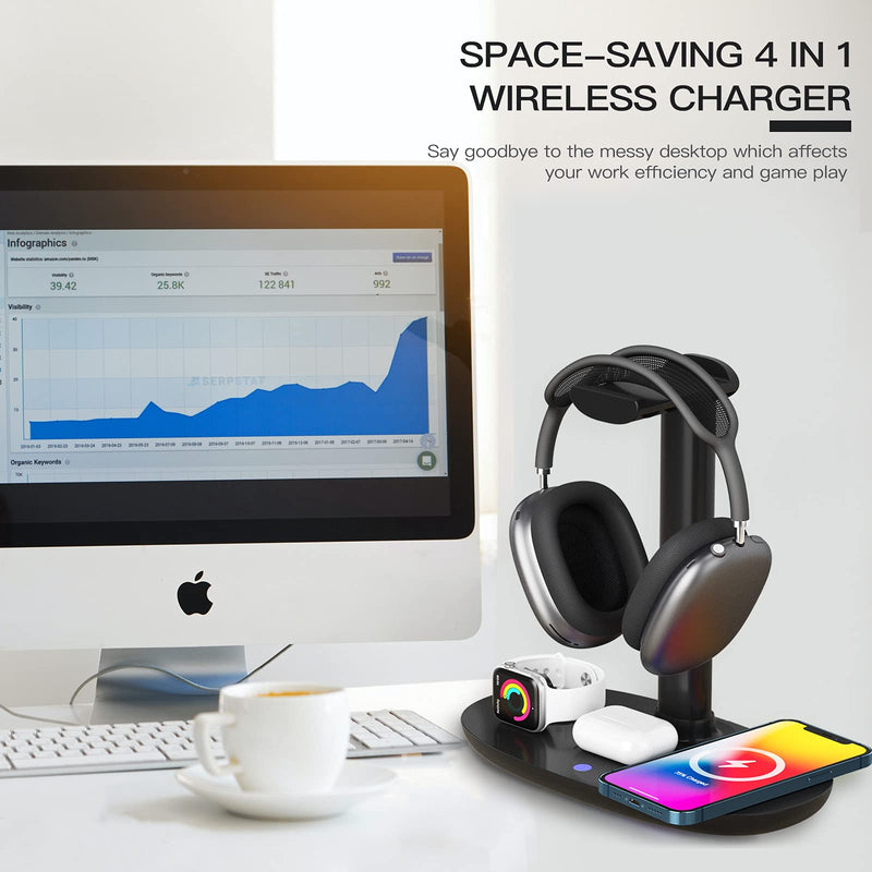 Headphone Stand with 15w Wireless Charger, Suguder 4 in 1 Qi Charging Station Headset Holder for AirPods Max/Pro/2 iWatch 7/6/5/4/3/2/1/SE iPhone 13/12/11/XS/XR/X/8 Series for Desktop Table Game,Black Black