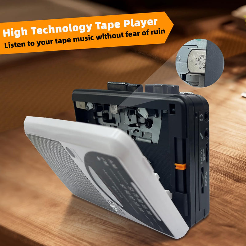 [AUSTRALIA] - Cassette Tape Player, Cassette Recorder with Automatic Rewind, AM/FM Battery Powered Radio with 3.5MM Headphone Jack, Big Speaker, Microphone Jack, Powered by DC or AA Battery (White) 