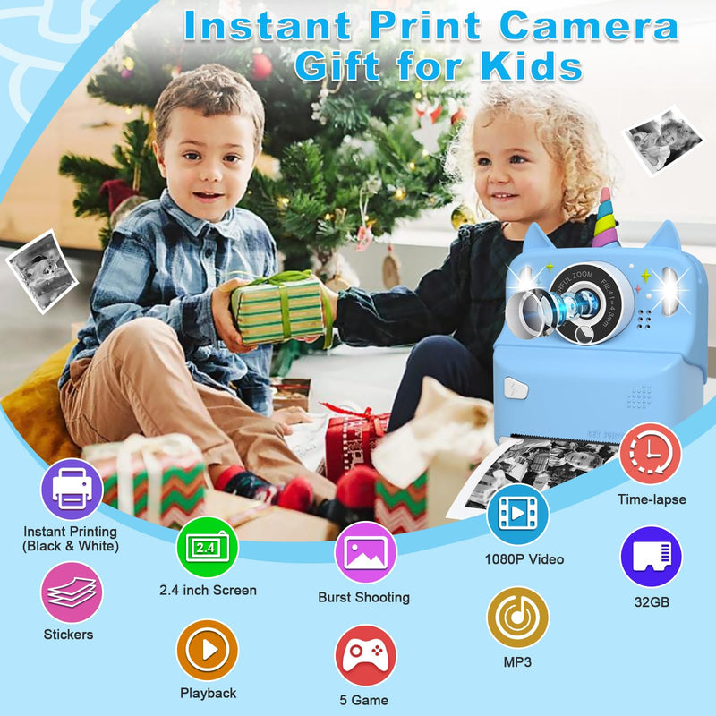 Instant Print Camera for Kids - Christmas Birthday Gift Toy for Girl Boy Age 3-9, Children Selfie Digital Cameras with Cartoon Soft Silicone Cover, Print Black White Photo with 32GB Card (Blue) Blue