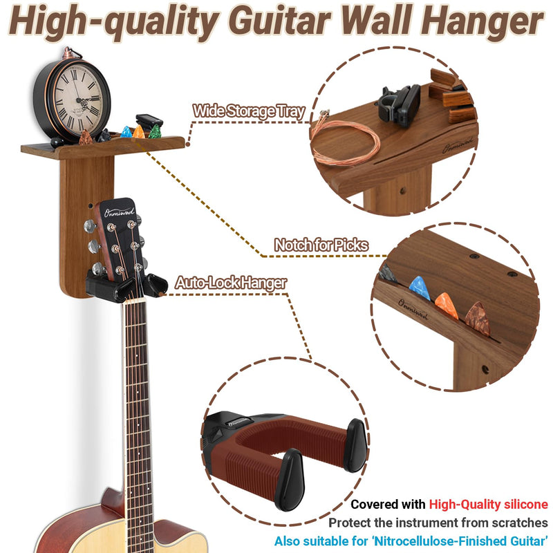 Guitar Wall Mount, Auto Lock Guitar Hanger, Wood Guitar Wall Hangers Shelf with Pick Holder, Guitar Holder Wall Mount for Acoustic, Electric Guitar, Ukulele, Bass, Mandolin Gift Acacia Wood