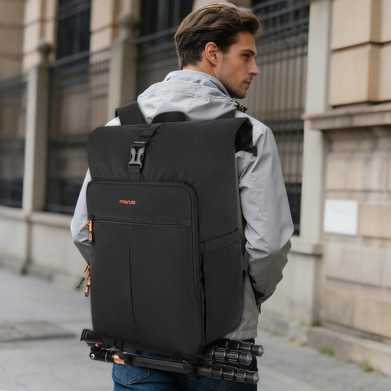 MOSISO Camera Backpack with Camera Bag Insert, Photography Backpack | Expandable Roll Top Compartment, Soft Camera Padded Bag Insert with Rain Cover&Shoulder Straps for Canon/Nikon/Sony, Black