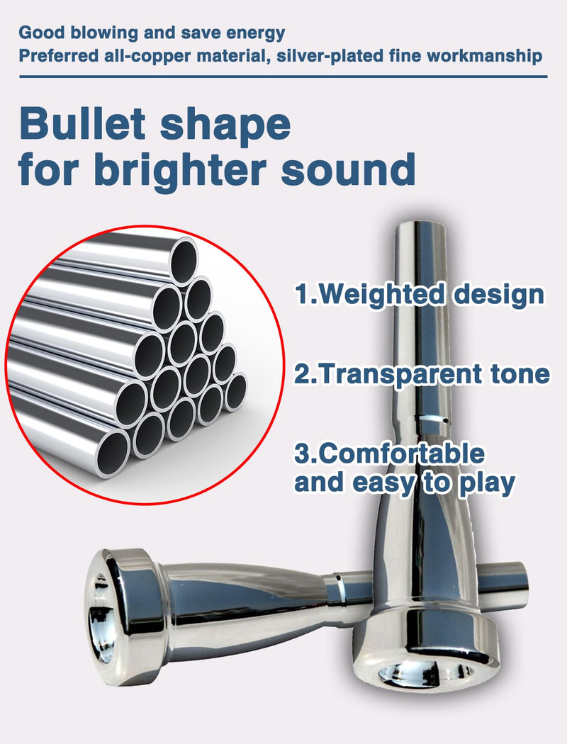 Trumpet Mouthpiece, 1C/1.5C/3C/5C/7C Silver Color Pure Full Copper Silver Plating Trumpet Mouthpiece for Beginners and Professional Players(1.5C) 1.5C