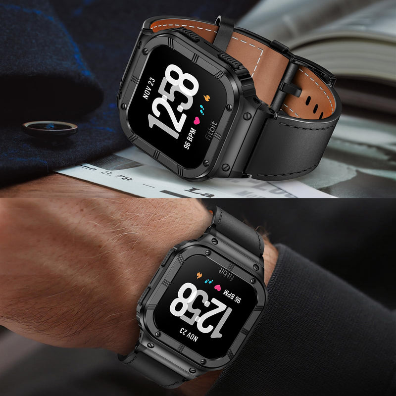 BAITEYOU Leather Bands with Stainless Steel Case Compatible with Fitbit Versa 1 2 3 4 Lite Sense 2 1 Protective case for men Black/Black Case