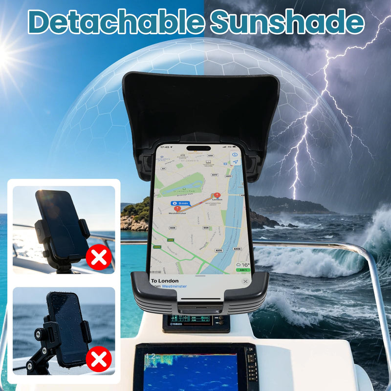 Boat Phone Holder with Sunshade, 360 Degree Rotation Marine Cell Phone Holder,Adjustable Knob Crab Clamp,Boat Accessories for Boat Rail, Jet Ski, Cycling, Fits 4.7-7.2 Inch Phones,（Knob Crab Clamp）