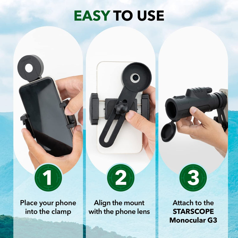 STARSCOPE Monocular G3 Phone Mount - Dual Spring-Loaded Telescope Phone Adapter Mount | Foldable Monocular Telescope for Smartphone Mount | Adjustable, Clip-On Monocular Telescope Phone Mount