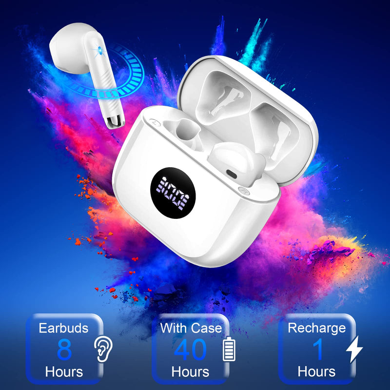 Jxrev J53 2 Pack Dark Blue and White Wireless Earbuds, Bluetooth Ear Buds LED Power Display Headphones Bass Stereo, Earbuds in-Ear Noise Cancelling Mic, 40H Playback Mini Case