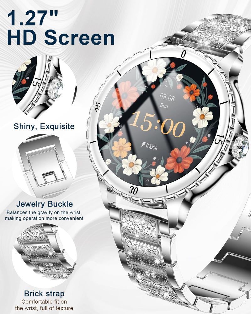 Smart Watches for Women(Answer/Make Call) with Diamond, 1.27" HD Bluetooth Smartwatch for Android iOS Phones, IP68 Fitness Tracker with Heart Rate, SpO2, Sleep Monitor, 120+ Sports, Silver