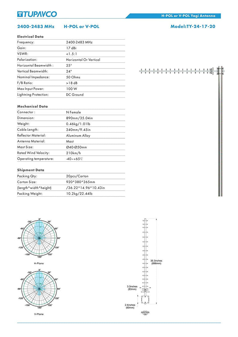 TP513 Yagi WiFi Antenna 2.4GHz (17dBi) Outdoor Directional Signal (H:25° V:24°) Long Distance Range (High-Gain Weatherproof) Wireless Network (Pole Mount) N-Female Pigtail Connector | Long distance weatherproof wireless network antenna w/ high-gain (17...