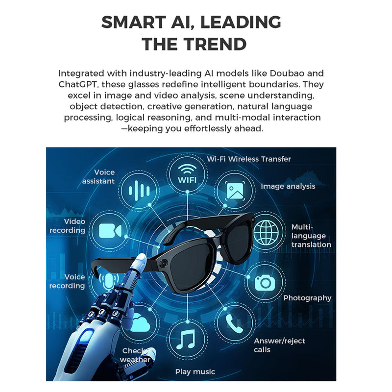 AI Smart Glasses, 5MP HD Camera Glasses, Real Time 26 Languages Translator, ChatGPT, Open Ear Audio, Stylish Frame for Women Men, Voice Assistant Sunglasses