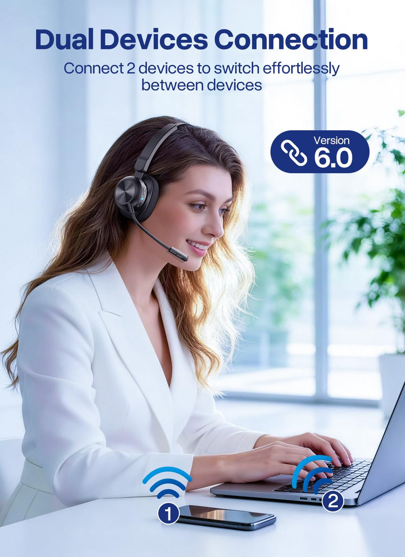 Trucker Bluetooth Headset, Wireless Headset with Microphone | USB Dongle, On Ear Bluetooth Headphones with AI Noise Cancelling 50H Playback Mute Button for Truck Driver Office Work, Black
