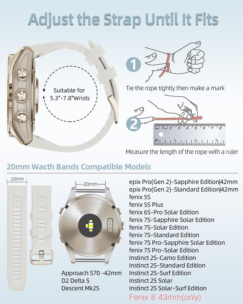 20MM Watch Band for Garmin fenix 5s 6s 7s pro solar Quick fit with light gold buckle soft silicone 20 bands Replacement for garmin epix pro gen 2 42mm Descent Mk2s/3/3i for women 20-White and Sea Foam