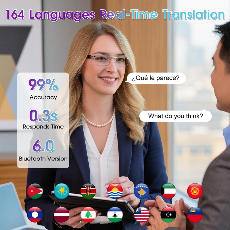 AI Translation Glasses with 164 Languages, Rimless Bluetooth Audio, Silver | 164-Language Real-Time Translation, Smart Speakers, Voice Assistant, Rimless Design for Travel, Work & Study