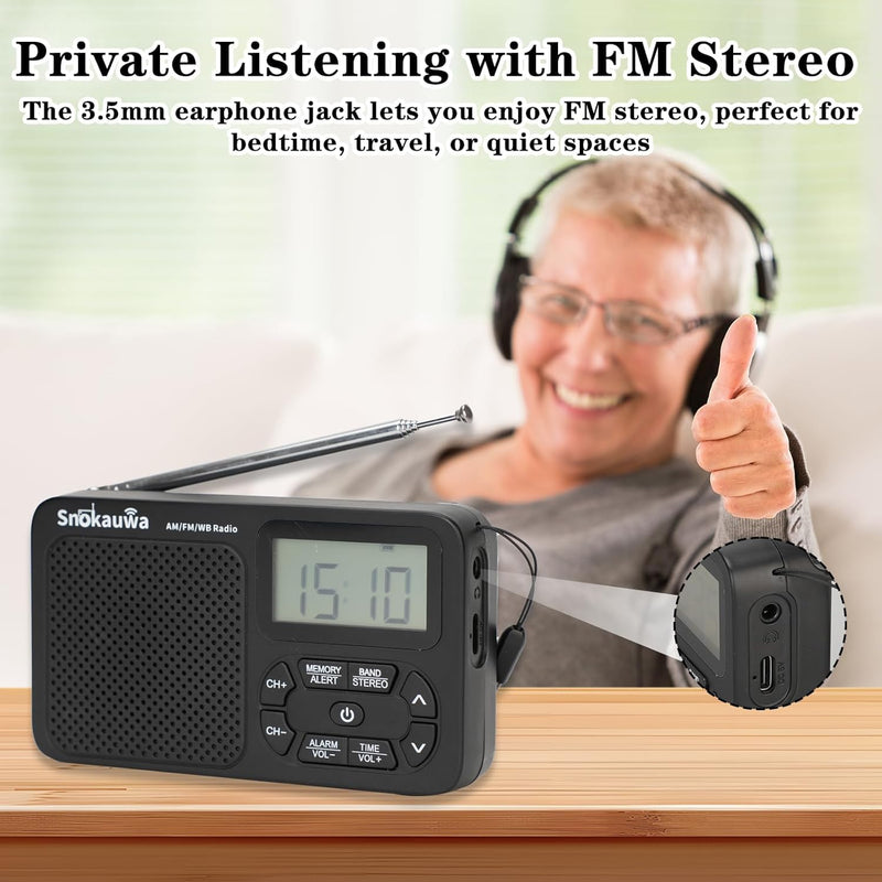 AM FM Radio, Portable Emergency Weather NOAA Radio, Small Digital Radio with Dual Mode Storage, Digital Tuner, Sleep Timer, Wall Plug and Battery Powered (Grey) Grey