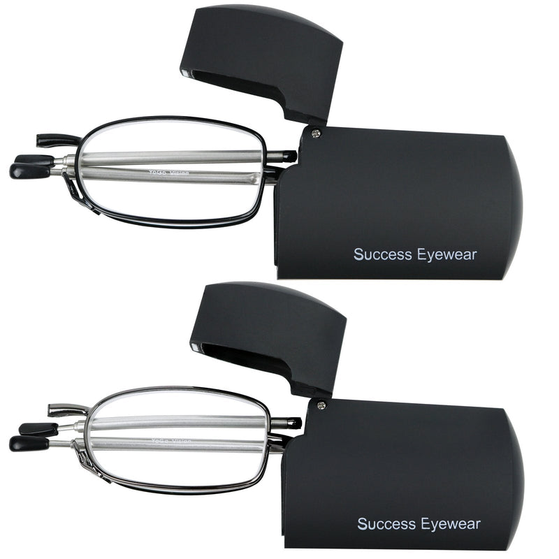 Reading Glasses 2 Pair Black and Gunmetal Readers Compact Folding Unisex Glasses for Reading Case Included Bundle: Set of Black and Gunmetal With 2 Cases 2.5 x
