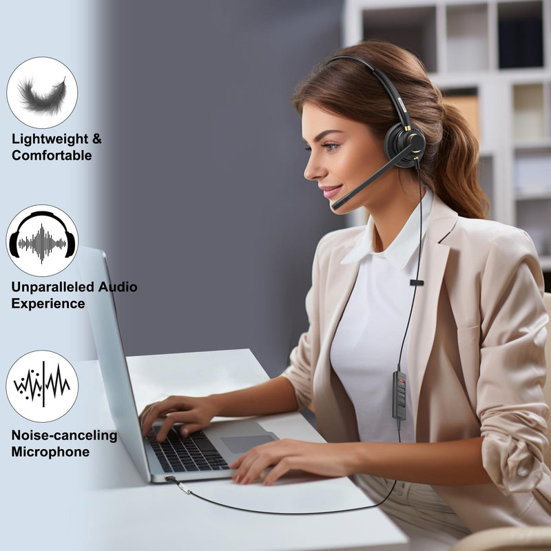 [AUSTRALIA] - USB Headset with Microphone for PC, Computer Headset, Noise Cancelling Adjustable Volume Control Lightweight Wired Headset with Mic for Work, for Laptop Business Skype UC Webinar Call Center Office A802USB-Dual 