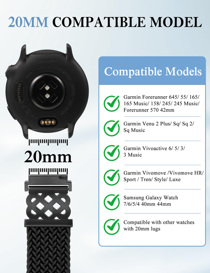 Minyee 2 Packs 20mm Magnetic Braided Nylon Band Compatible with Garmin Vivoactive 6/Vivoactive 5/3/3 Music Elastic Bracelet, Black & Starlight