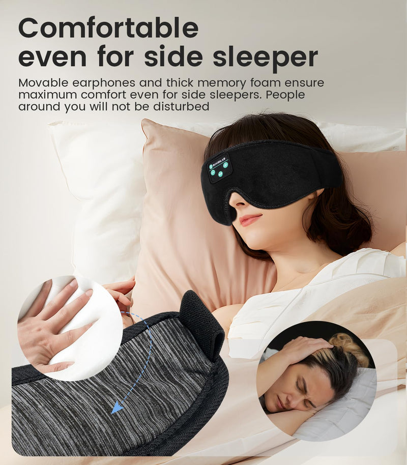 Bluetooth Sleep Mask, Boodlab Sleep Mask with Bluetooth Headphones, Sleeping Headphones for Side Sleepers Travel Yoga, Cool Tech Gadgets Unique Gift for Valentine's Mother's Day Birthday Christmas Black Gray