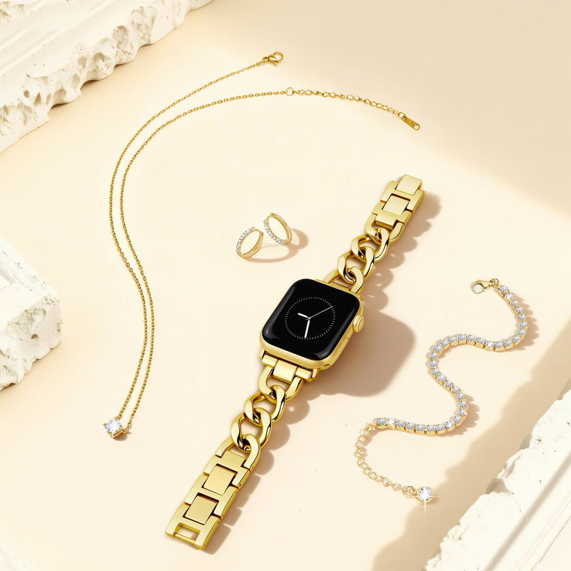 MOINSPIRE Designer Leather Bands with Charms Slim Band and 3Pcs 18k Golden Jewelry Set Bundle Compatible with Apple Watch 38mm 40mm 41mm 42mm 44mm 46mm 45mm 49mm for iWatch Series 11/10/9/8/7/6/5/4/3/