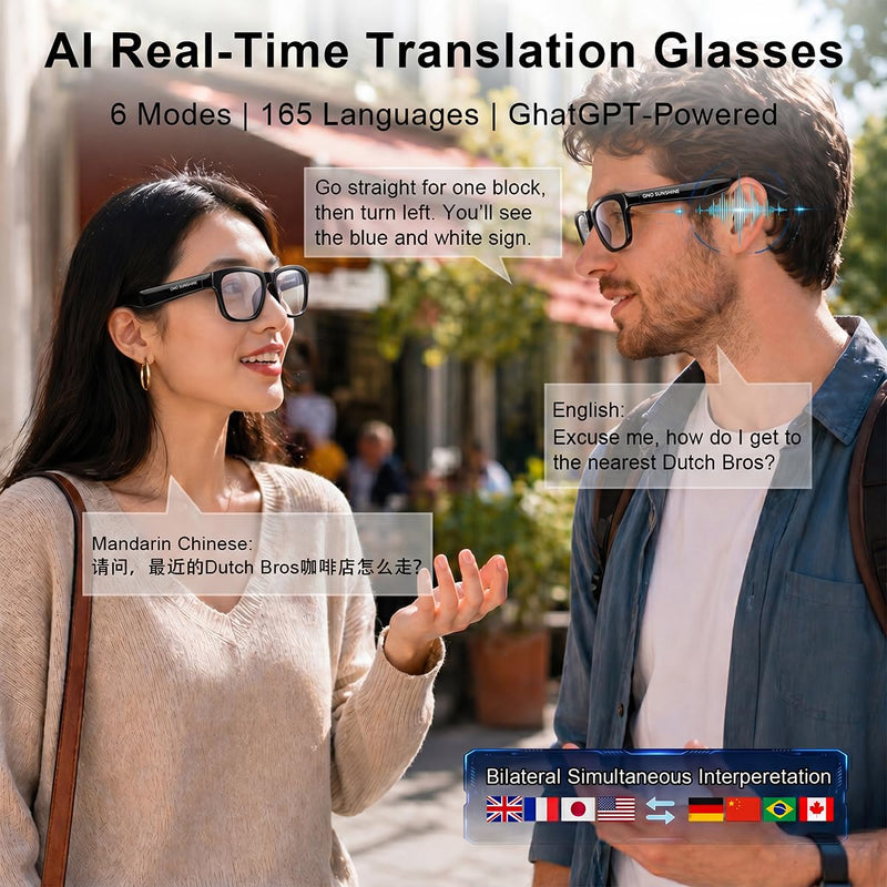 OhO sunshsine AI Glasses, Bluetooth Audio Sunglasses with 10H Playtime, ChatGPT Translation & Water Resistant Open Ear Glasses Transition & blue light blocking lens
