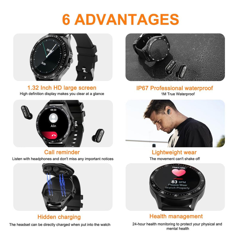 Smart Watch with Earbuds, 1.32 Inch Round Fitness Watch X10, 2 in 1 Bluetooth Watch with Step,Calories,Sleep Monitor,Heart Rate Blood Pressu-re Monitor for iOS & Android black