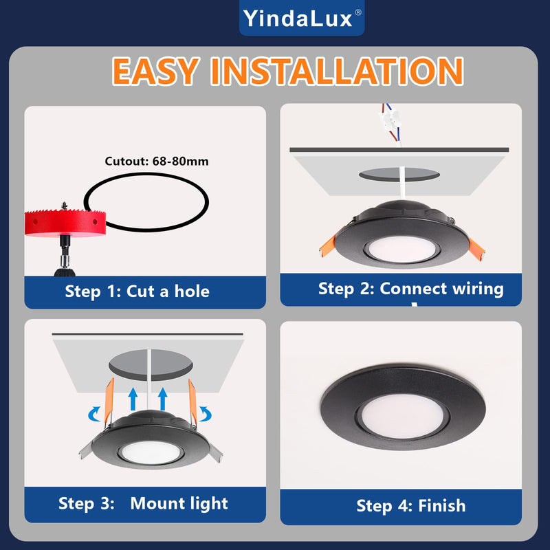 YindaLux Recessed Spotlight LED 230 V Dimmable Swivelling Recessed Spotlights 5 W IP44 LED Spot 68-80 mm Hole Size Ceiling Spotlights Warm White Neutral White Cool White Recessed Lights for Bathroom Black 6 Stück-120°Abstrahlwinkel