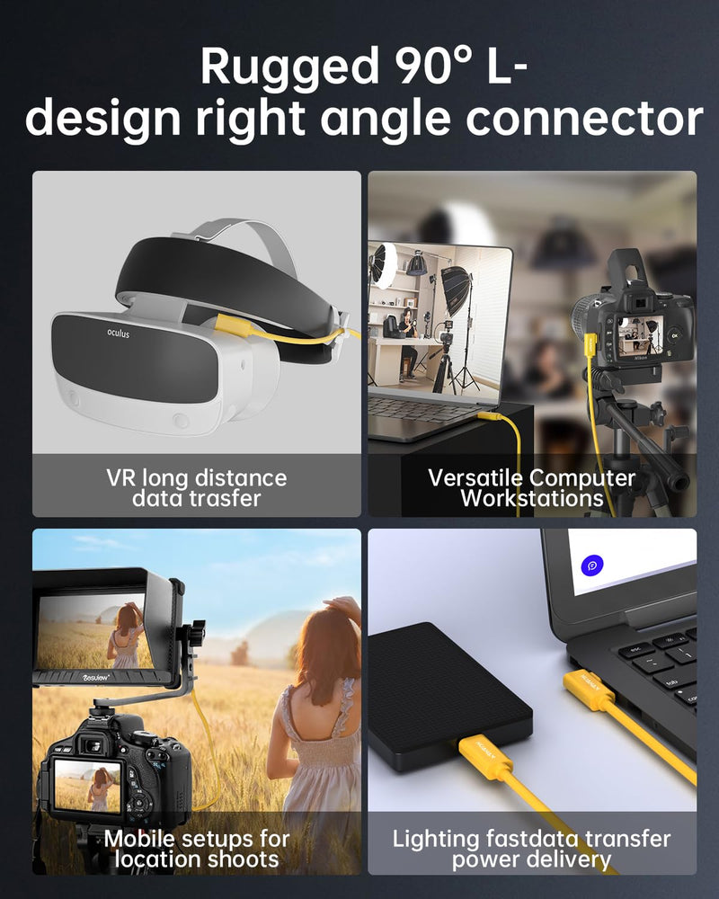 Fiber Optic USB C Tethering Cable 15FT, Right Angle 10Gbps Bidirectional Data Transfer & PD 60W USB 3.2 Gen2 Cable with German SiliconLine Chip for VR/Camera/Computer/Sony/Nikon/Canon/FujiFilm Orange