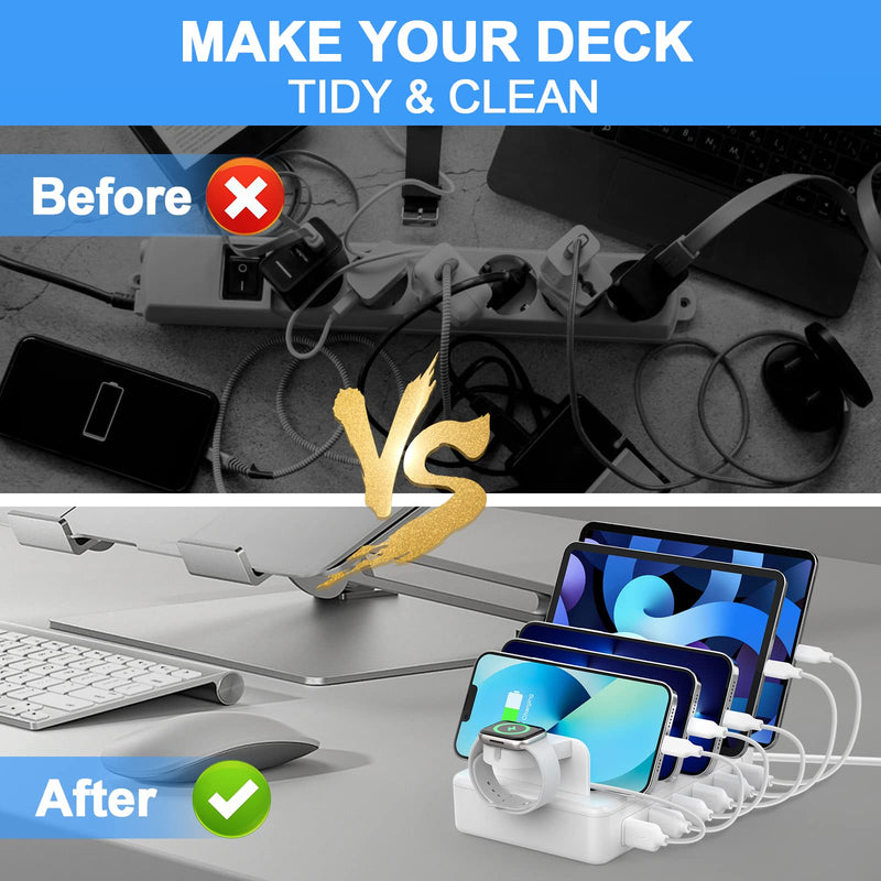 CREATIVE DESIGN Charging Station for Multiple Devices,50W 6 Ports Charging Dock with 6 Cables Compatible with Cellphone,Tablet, Kindle, Apple Watch and Other Electronic White