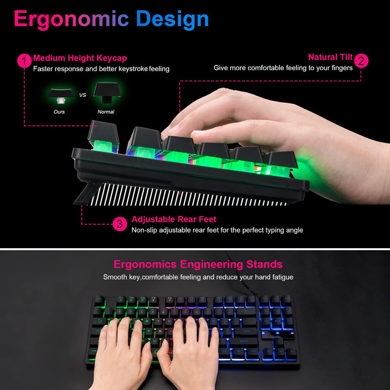 RGB Compact Gaming Keyboard, CHONCHOW USB Wired 87 Keys Gaming Keyboard LED Rainbow Backlit Tenkeyless Gaming Keyboard TKL Keyboard Gaming RGB Keyboard for Laptop Ps4 Xbox PC Computer Game and Work Black