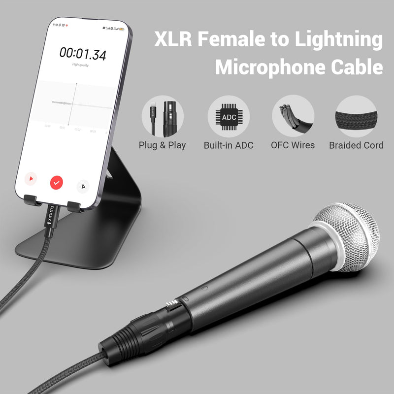 Cubilux XLR Female to Lightning Microphone Cable for Recording, Karaoke, XLR Dynamic Microphone/XLR Lapel Microphone to Lightning braided cable for iPhone 14/13/12 pro max, iPad 9/8/7, iPod, 2m/6.5FT