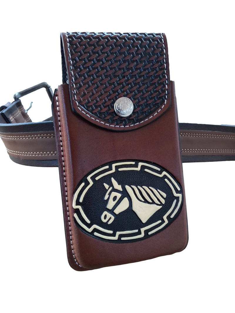 Marquez Western autentic Leather Mexican Cell Phone Holster for Belt with Secure Closure. Hand Painted Horse Design. Universal Size (Brown)