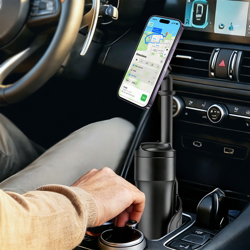 Magnetic Cup Holder Phone Mount for Car, 2 in 1 One-Hand Operation Adjustable Vehicle Cupholder Expander Phone Holder, Compatible with iPhone Android Smartphones