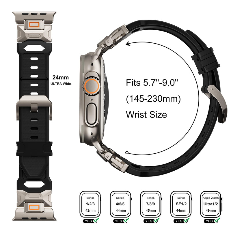 Band for Apple Watch ULTRA 2 & ULTRA - Fluororubber (FKM) Sport Band Metal Connector Band 49mm for Apple Watch Ultra 2/Ultra/Series 10/9/8/7/6/5/4 SE 46mm 45mm 44mm 42mm Rugged Durable Strap Black-Titanium