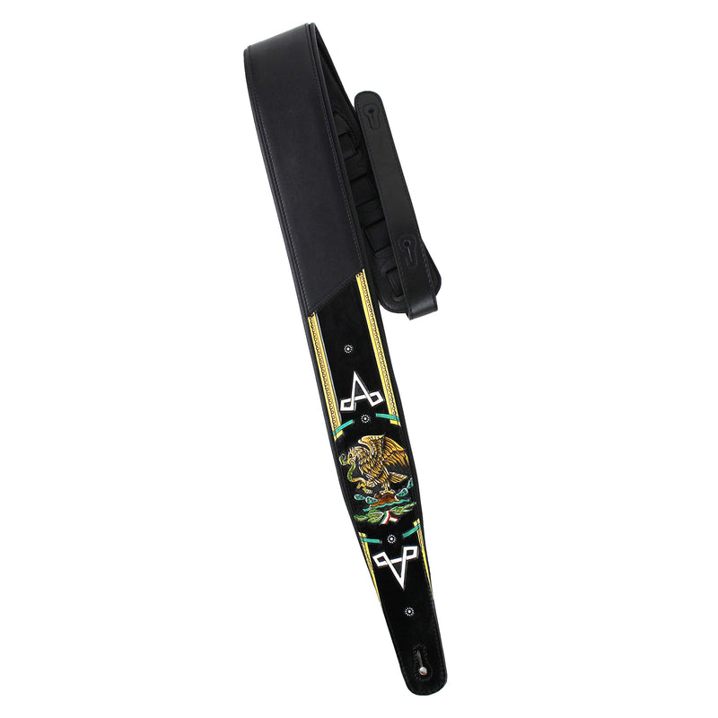 [AUSTRALIA] - Walker And Williams KB-52-BLK Handmade Heritage Series Black Leather Guitar Strap With Hand Carved And Painted Mexican Coat Of Arms Design For Acoustic, Electric, And Bass Guitars 