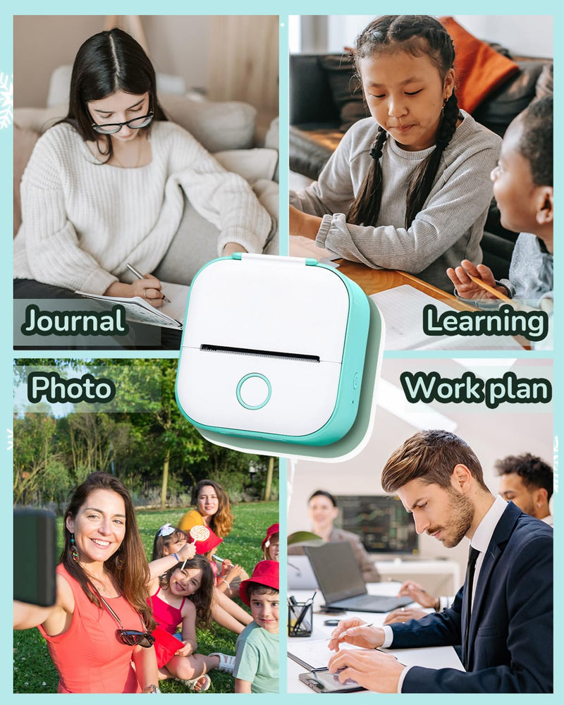 [AUSTRALIA] - Memoqueen Mini Sticker Printer T02 Pocket Portable Bluetooth Thermal Printer with 3 Rolls Paper for Journal, Memo, Photo, DIY Scrapbook, Travel, Children Gifts, Compatible with iOS & Android, Green 1 Printer & 3 Rolls Paper 