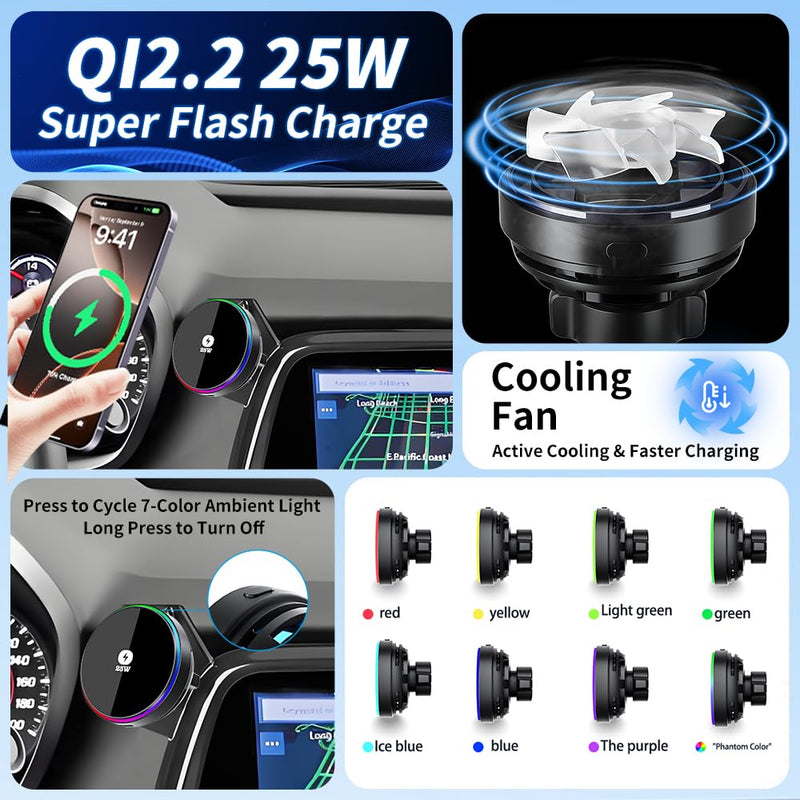 Qi2.2 Max 25W Fast Wireless Car Charger Phone Holder for Chevrolet Chevy Camaro 2016 2017 2018 2019 2020 2021 2022 2023 2024 Auto Accessories Magnetic Cell Phones Mount Compatible with MagSafe