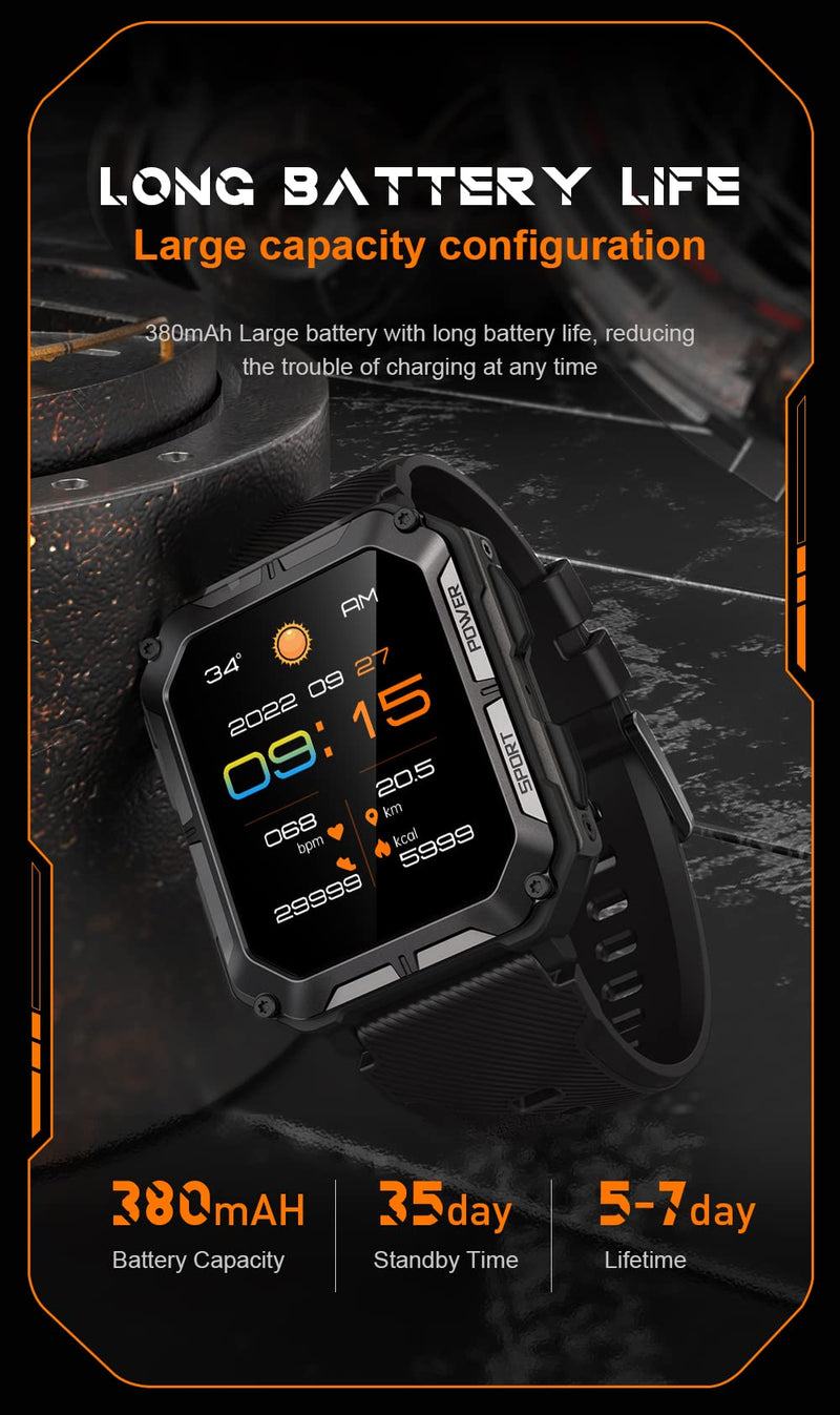 Gravity C20 Pro 1.83" Rugged Smartwatch, IP68 Waterproof, Bluetooth Call, AI Voice, 100+ Sports Modes, Heart Rate & Sleep Monitoring, Shockproof, Fitness Tracker for iOS & Android (Black)