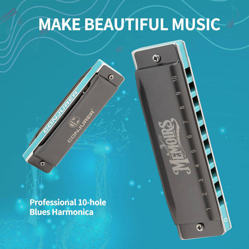 CONJURER Harmonica for Adults 10 Hole Diatonic Deluxe D Key Harmonica for Beginners Professionals Phosphor Bronze Reeds Brass Mouth Organ with Case GRAY BLUE-D