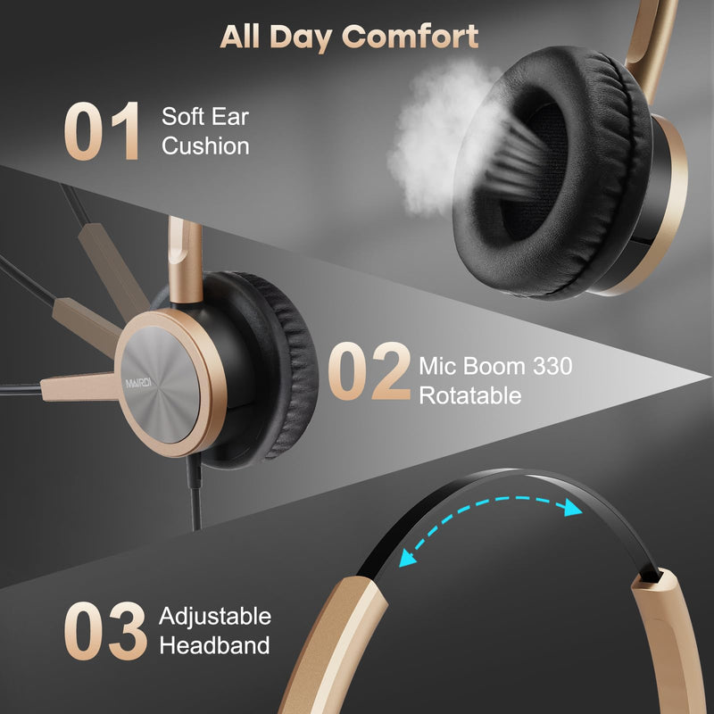 MAIRDI Phone Headset with RJ9 & 3.5mm Jacks for Call Center Deskphone Cell Phone PC Laptop, Office Landline Telephone Headset with Microphone Noise Canceling for Polycom Avaya Nortel Duo