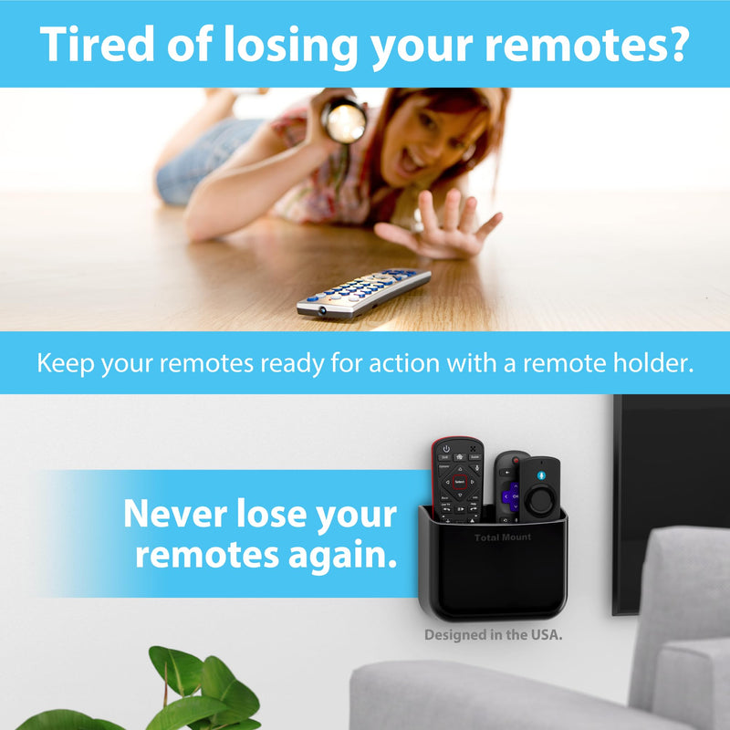 TotalMount Hole-Free Remote Holders – Eliminate Need to Drill Holes in Your Wall (for 2 or 3 Remote Controls – Black – Quantity 2)