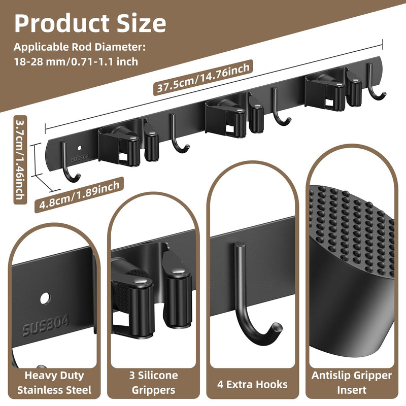 3 Positions Wall Mounted Mop Holder, Robust Stainless Steel Broom Holder, Multifunctional Broom Storage, Mop Holder with Hook, Mop Wall Mount, Device Holder Rail for Kitchen, Bathroom, Garden