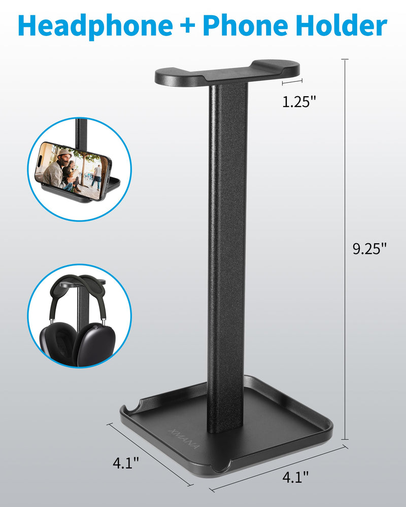 2-in-1 Aluminum Headphone Stand & Phone Holder Rack - Sleek, Sturdy & Ergonomic Design Gaming Headset Stand for Desk Organization - Gamer Gifts (Black) Black