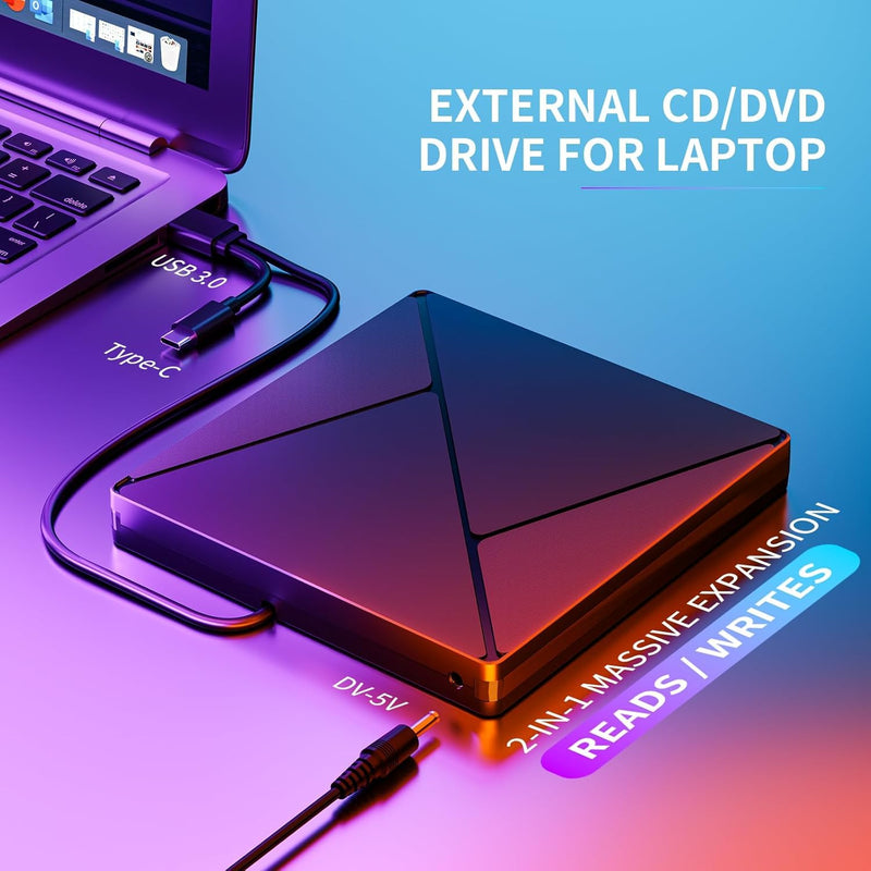 DVD Player for Laptop, External CD Drive for Mac, USB 3.0 USB C Portable CD Burner External Disk Drive, DVD Reader Writer ROM Drive Compatible with Laptop,Windows 10/8/7 Linux Standard+Carry Bag