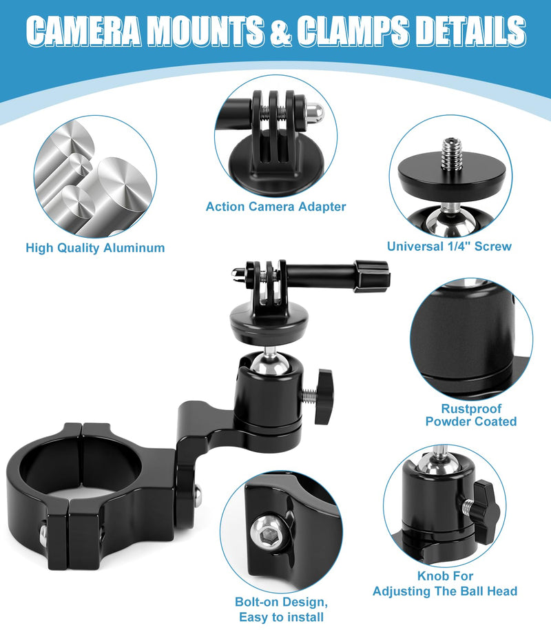 [AUSTRALIA] - UTV Aluminum Action Camera Clamp Mount Holder Fits for GoPro Hero 13 12 11 10 9 8 7 6 5 4 3 DJI Osmo Arlo Akaso EK7000 Insta360 Cams, 1-2" Roll Bar Clamps for SXS Polaris Ranger Can-Am CF Moto 