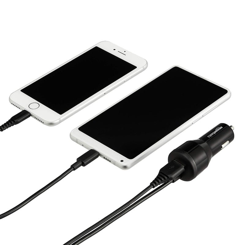 Amazon Basics 30W Fast Car Charger, 1 USB-C (18W) Cable with PD, 1 USB-A (12W) Port, Apple MFi Certified, for Phones (iPhone 16/15/14/13/12/11/X, Samsung, and More), Black (Pack of 2) With Cable Car Charger (18W) 18W (Pack of 2)