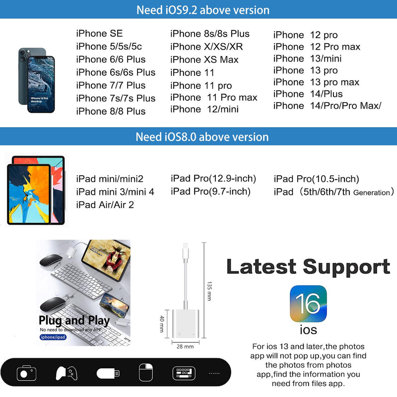 Lightning to USB Camera Adapter for iPhone with Charging Port USB 3.0 Female OTG Cable for iPad to Connect Card Reader USB Flash Drive U Disk Keyboard Mouse Hubs Midi