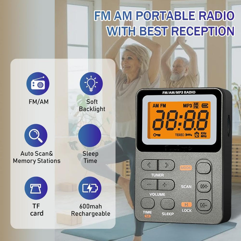 [AUSTRALIA] - Portable Radio AM FM, Rechargeable Pocket Radio with Best Reception Digital Tuning, MP3, Stereo Earphone, Large LCD Screen, TF Card Socket, Transistor Radio for Jogging/Gym/Camping (Grey) Grey 