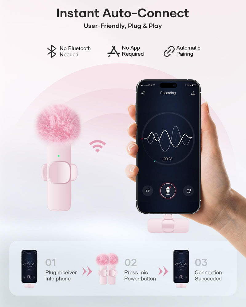 [AUSTRALIA] - Wireless Lavalier Microphone for iPhone iPad and Android Phone, 2 Pack Lapel Mic Plug and Play Wireless Mic Noise Reduction Microphone for Video Recording Interview Podcast Vlog YouTube Tiktok (Pink) Without Case Pink 