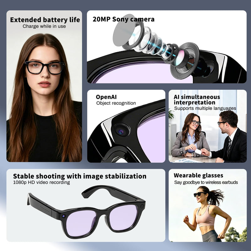 20MP AI Smart Glasses with Camera, High Resolution Photo Video, Photochromic Lens UV400, EIS Stabilization, Voice Assistant ChatGPT, Hands-Free Smart Sunglasses for Vlog, Photochromic Lens